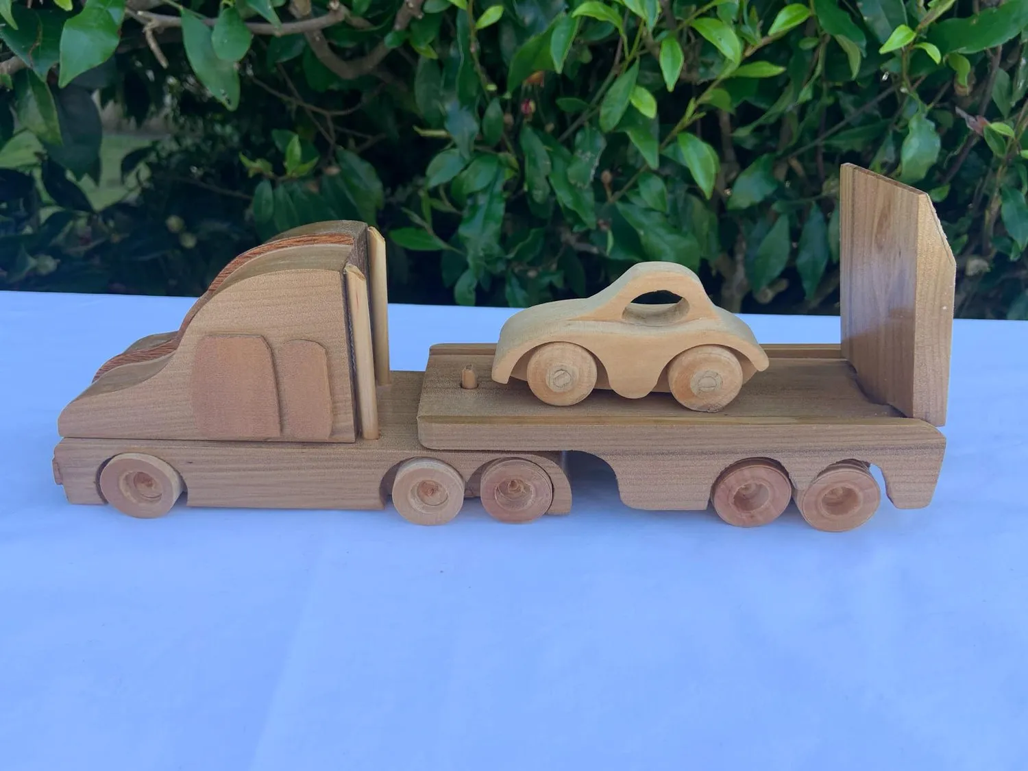 Car Carrier With One Car - handcrafted wooden toy NZ